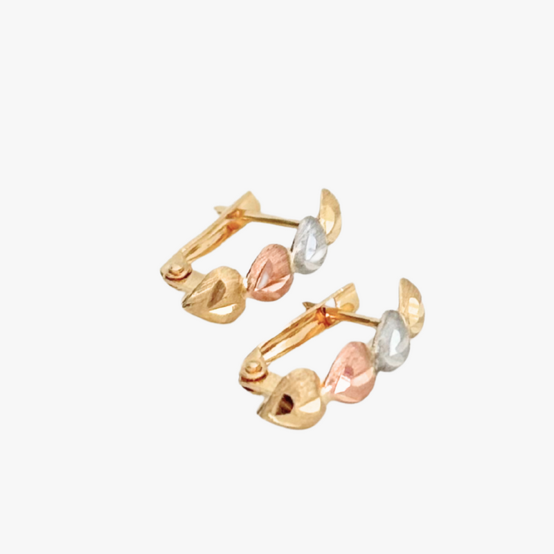 Brinco Coração 3 Tons em Ouro Amarelo,  Ouro Rose e Ouro Branco 18K