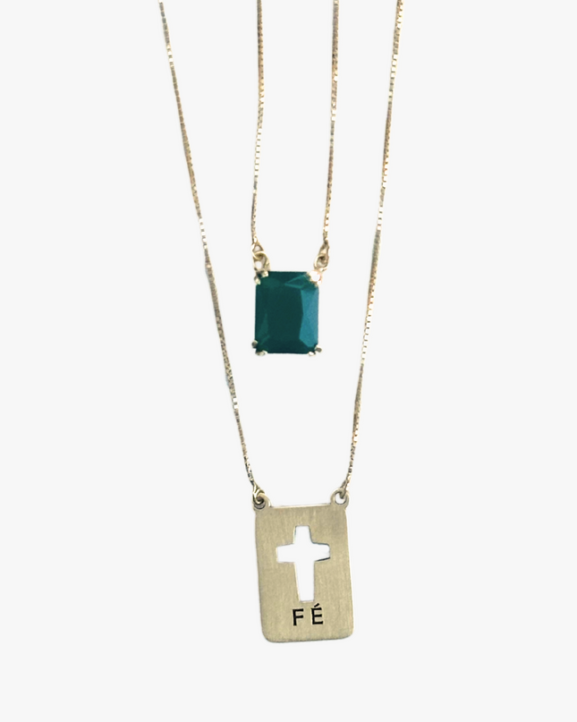 Escapulário Masculino Com  Pedra Crisoprásio em  Ouro Amarelo 18K