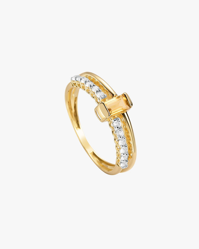 Anel Sol de Citrino com Topázio Branco em Ouro Amarelo 18K