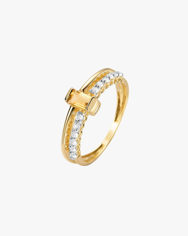 Anel Sol de Citrino com Topázio Branco em Ouro Amarelo 18K