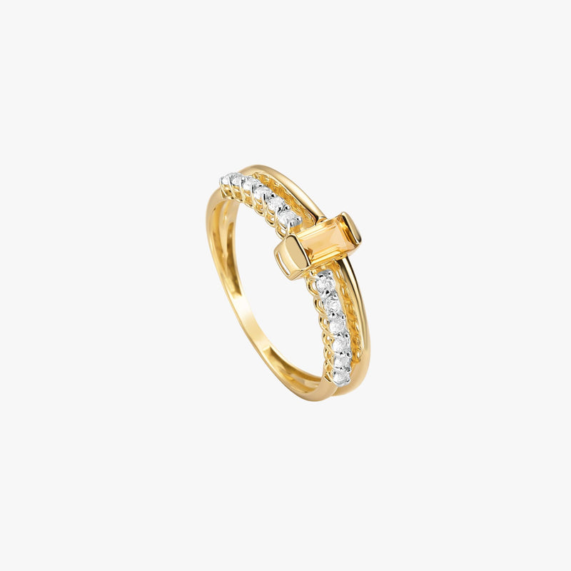 Anel Sol de Citrino com Topázio Branco em Ouro Amarelo 18K