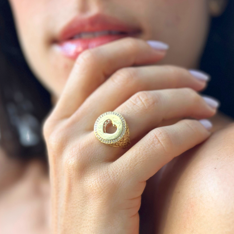 Anel Coração Brilhoso em Ouro  Amarelo 18K