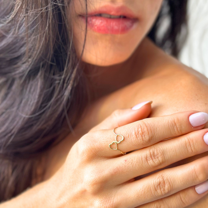 Anel 2 Corações em Ouro Amarelo 18K