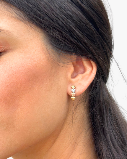 Brinco Coração 3 Tons em Ouro Amarelo,  Ouro Rose e Ouro Branco 18K