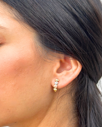 Brinco Coração 3 Tons em Ouro Amarelo,  Ouro Rose e Ouro Branco 18K