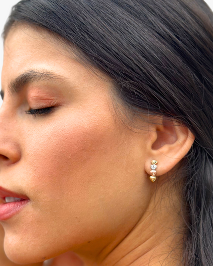 Brinco Coração 3 Tons em Ouro Amarelo,  Ouro Rose e Ouro Branco 18K